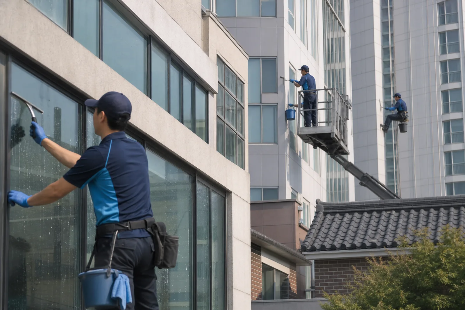 저층부터 고층까지 다양한 외벽 청소 현장