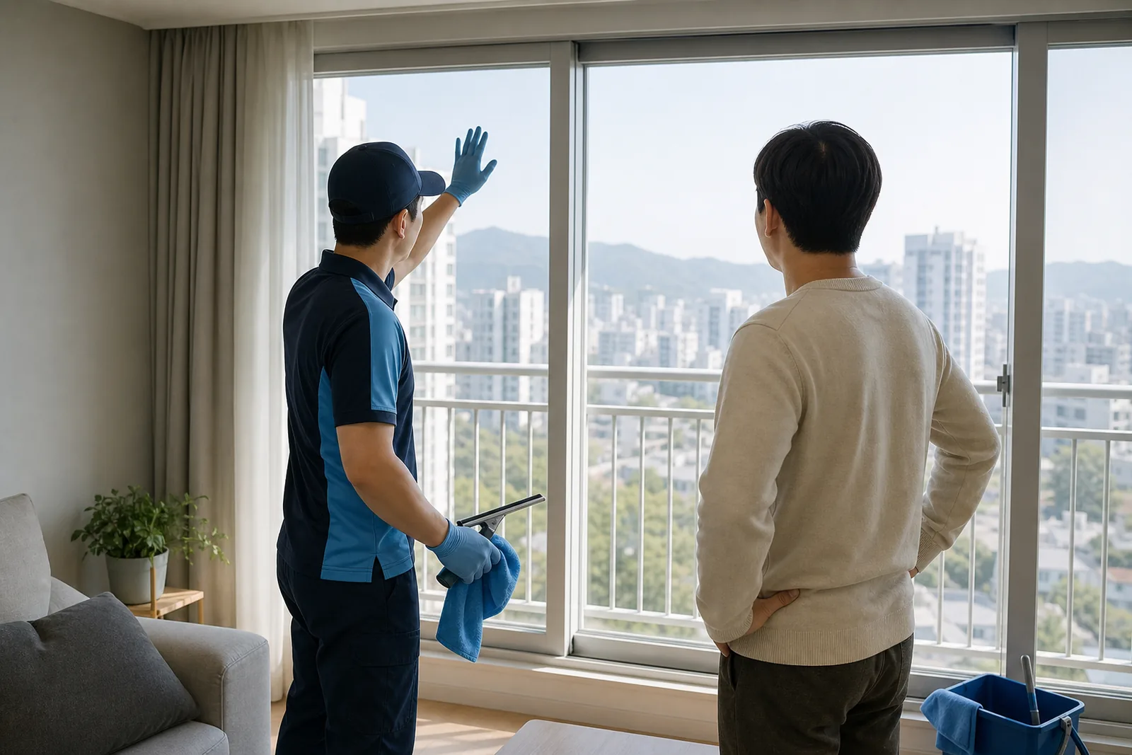 고객과 함께 깨끗해진 유리창을 확인하는 모습